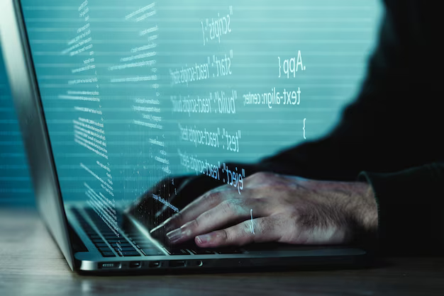 Hands on laptop keyboard, program code in foreground