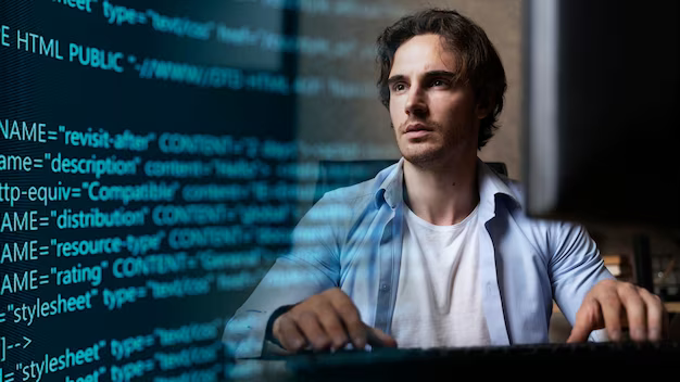 A man sits at a table, program code is in the foreground