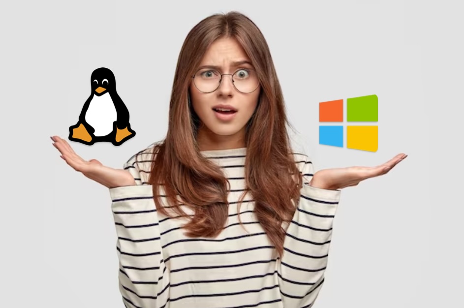 Woman with open palms, Linux and Windows icons on each palm